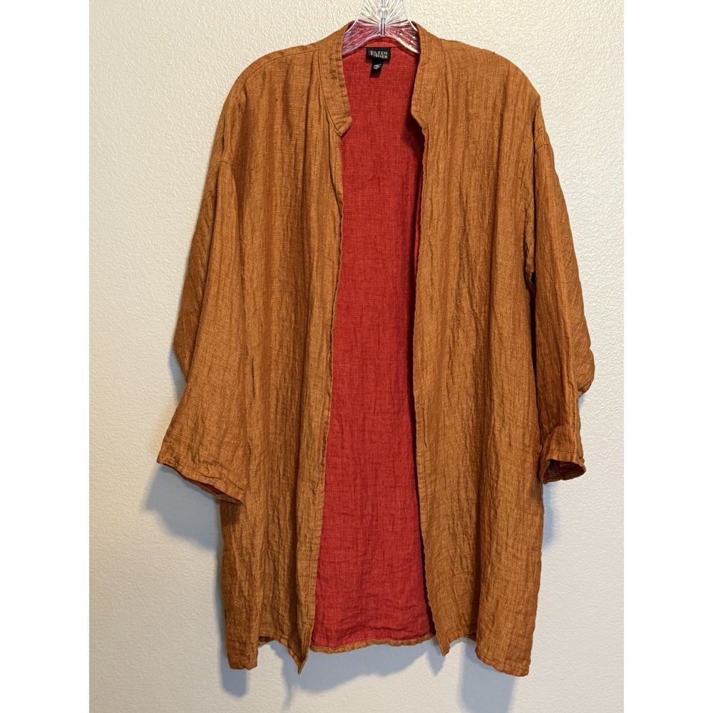 EILEEN FISHER Rust Open Front IRISH LINEN Lagenlook Women's Jacket Topper sz.S